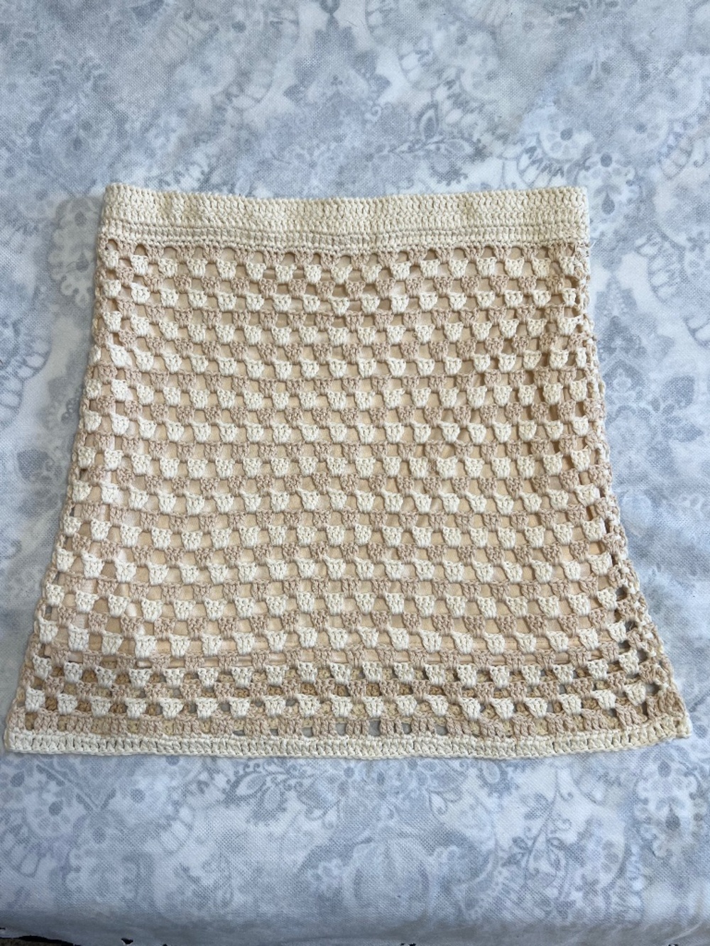 Le Lis Crochet Mini Skirt Cottagecore Bobo Resort Beach Festival Cover-Up M Tan